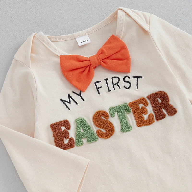Boy's Embroidered "My First Easter" Bunny Bowtie Onesies, Suspender Pants & Hat Sets