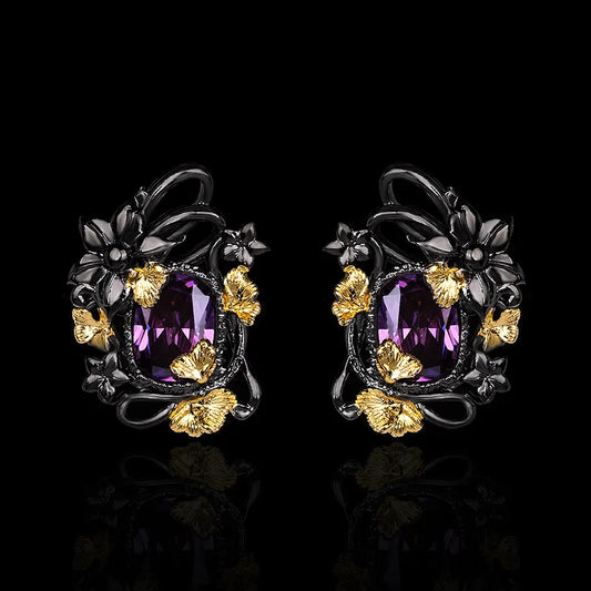 Amethyst Zircon Floral Black & Gold Style Earrings