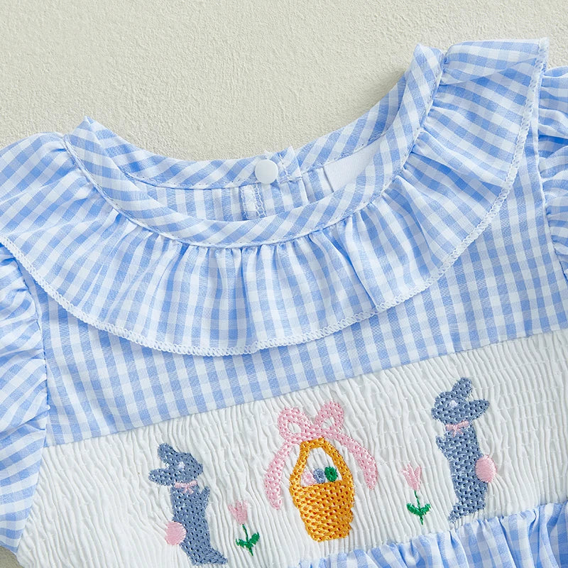 Girl's Embroidered Easter Bunny Ruffled Rompers