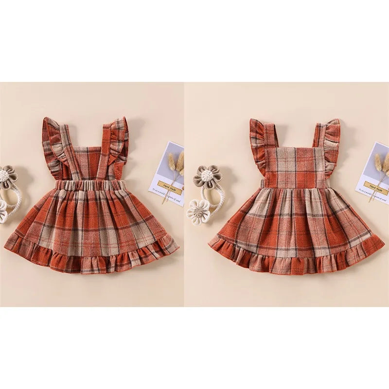 Girl's Plaid Ruffled Bib Overall Dresses