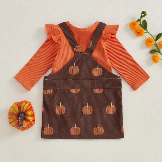 Girl's Halloween 2-Piece Ruffled Ribbed Onesie & Pumpkin Bib Overall Skirts Sets