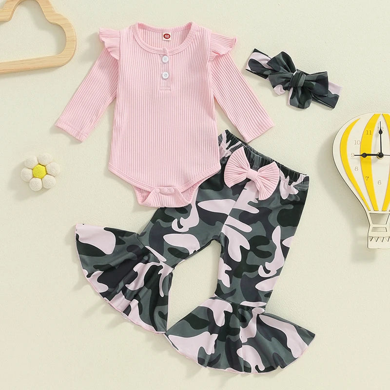 Girl's Ruffled Onesie, Camo Pants & Bow Headband Sets