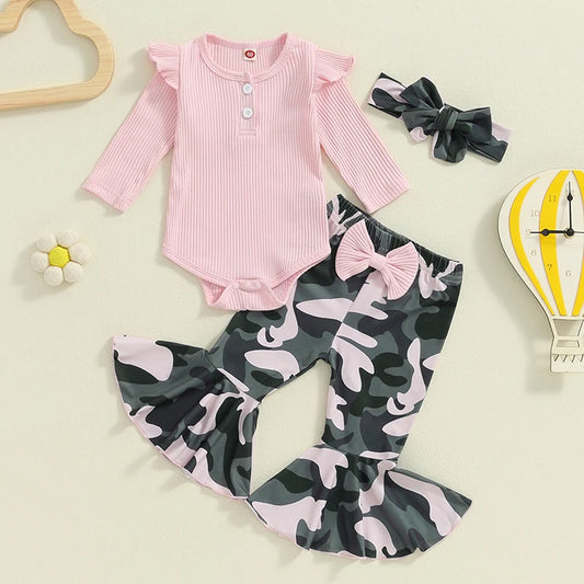Girl's Ruffled Onesie, Camo Pants & Bow Headband Sets