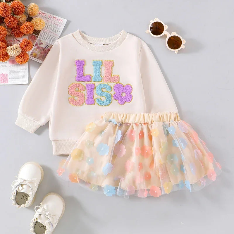 Girl's "Little Sis" & "Big Sis" Embroidered Flower Sweatshirts & Tulle Skirt Sets