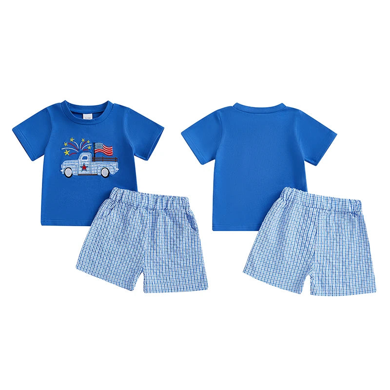 Boy's 2-Piece Embroidered 4th of July T-Shirts & Plaid Shorts Sets