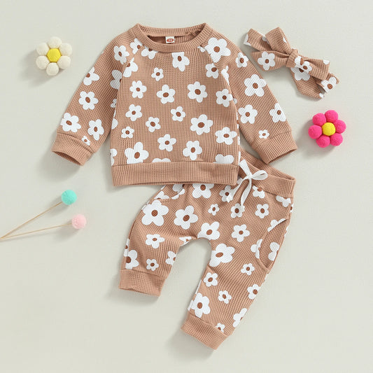 Girl’s 2-Piece Flower Sweatshirt, Pants& Bow Headband Sets