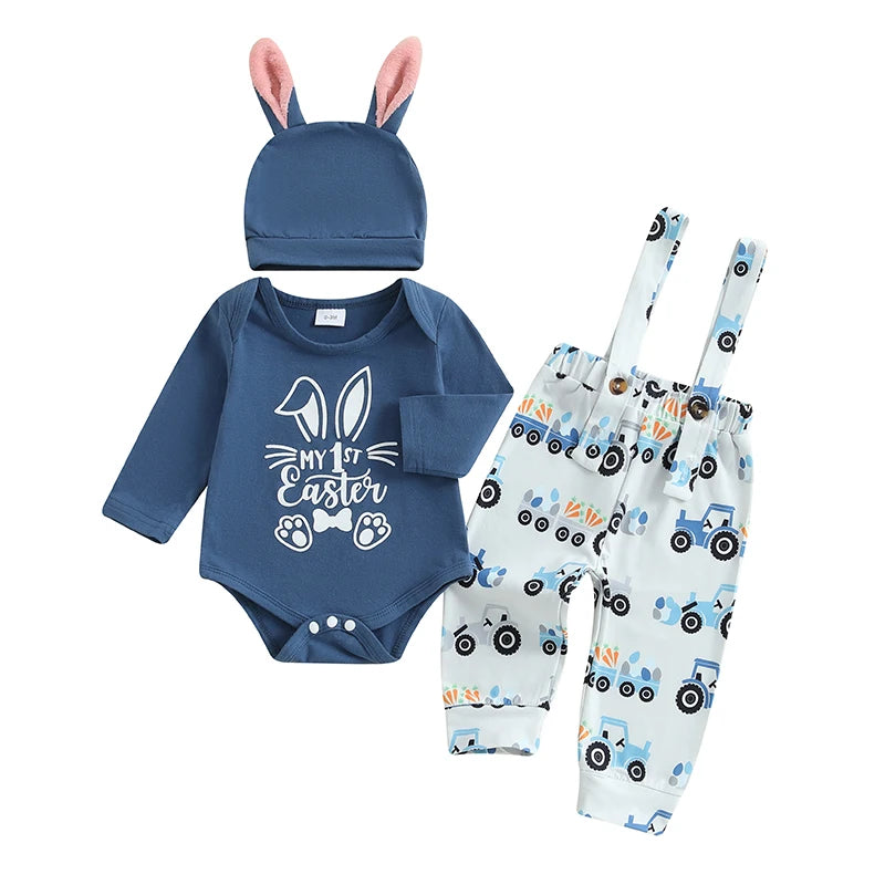 Boy's Easter Romper & Tractor Suspender Pants & Hat Set