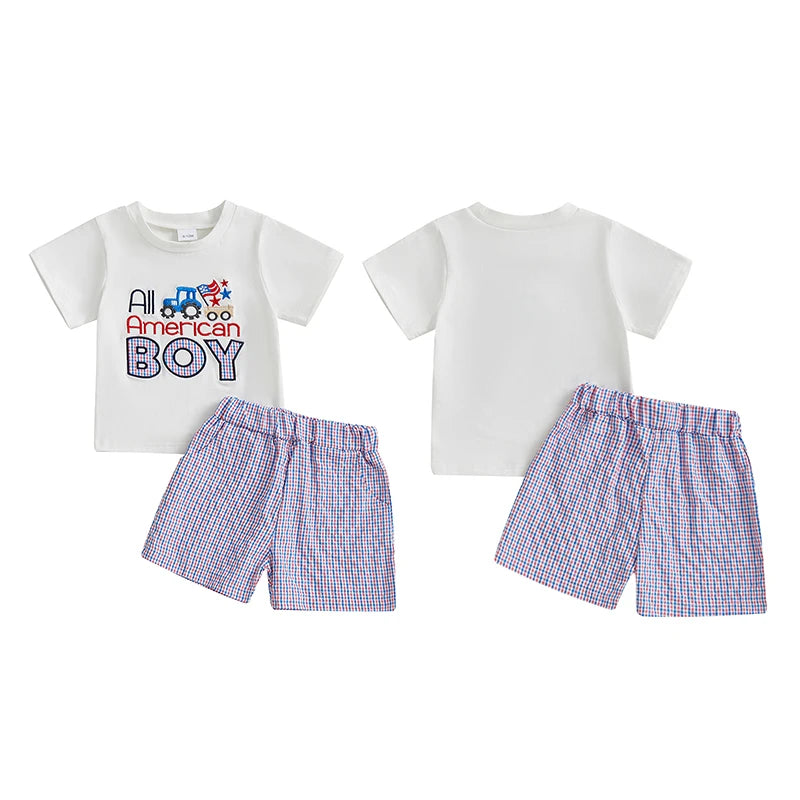 Boy's 2-Piece Embroidered 4th of July T-Shirts & Plaid Shorts Sets