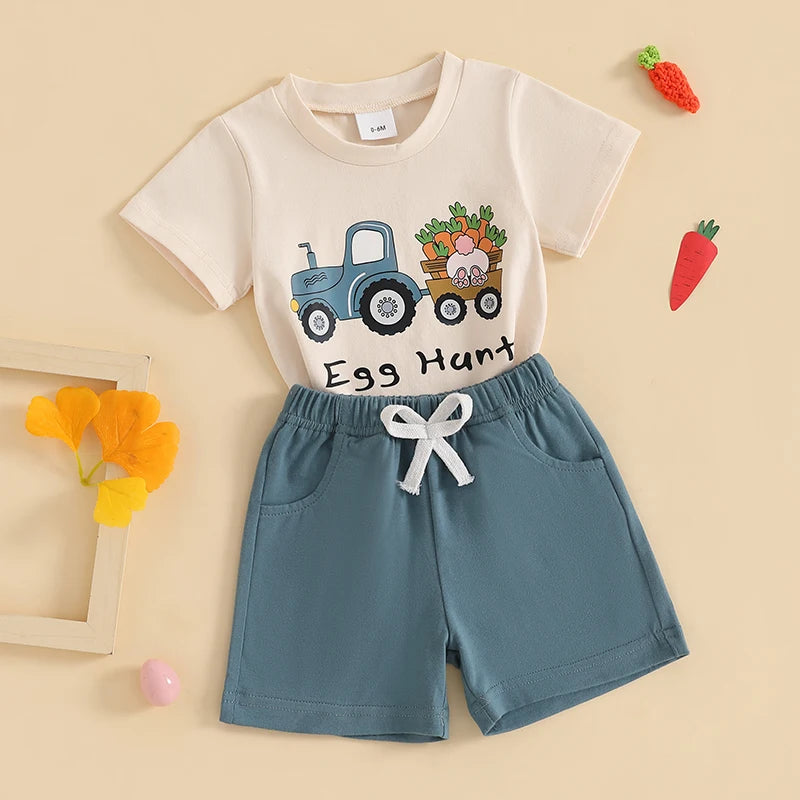 Boy's Easter Eggs/Bunny/Carrot/Tractor T-Shirt & Shorts Sets