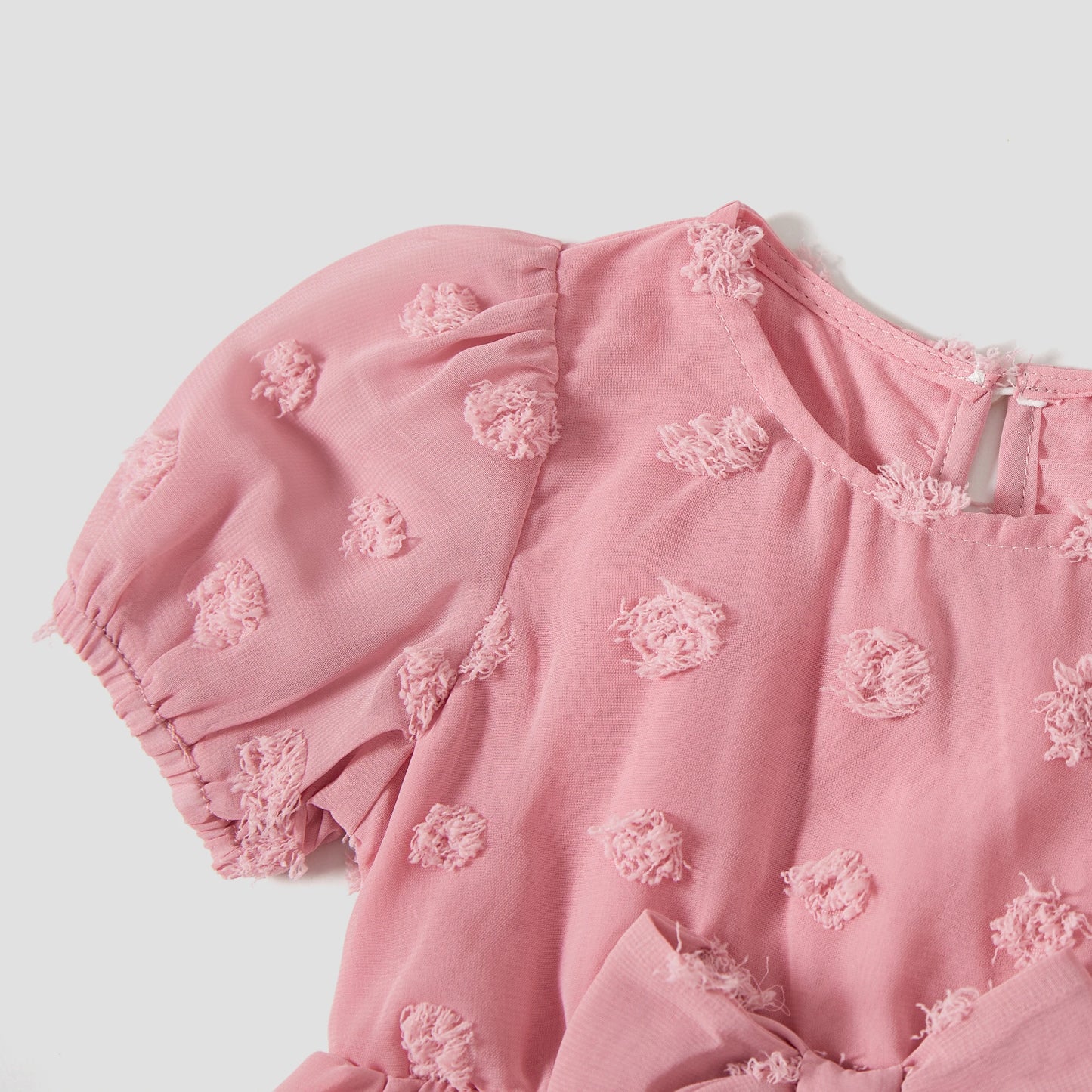 Family Matching! Color Block Shirt & Pink Swiss Dot Wrap Front Ruffled Hem Belted Dresses