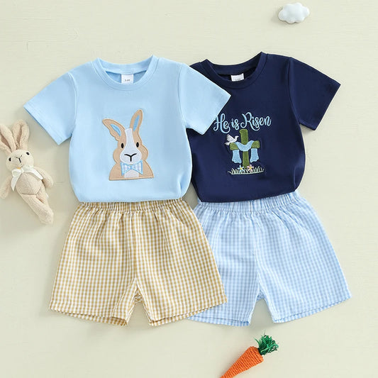 Boy's Easter Bunny/Cross T-shirt Plaid Shorts Set