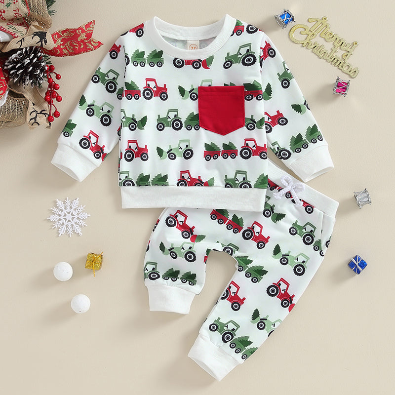 Boy's 2-Piece Christmas Tractor & Christmas Trees Sweatshirt & Pants Sets