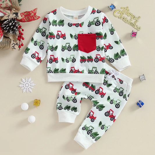 Boy's 2-Piece Christmas Tractor & Christmas Trees Sweatshirt & Pants Sets