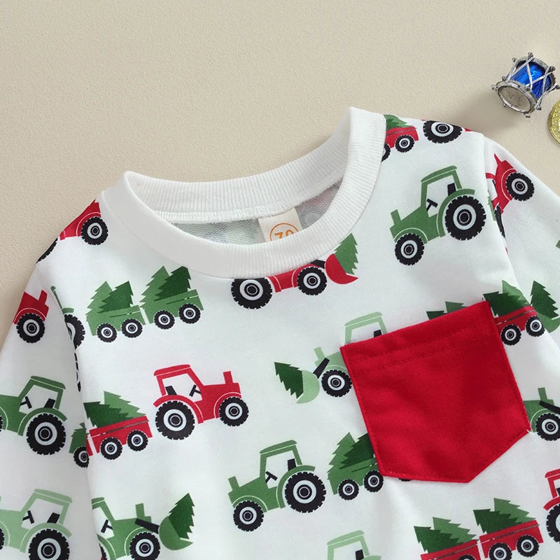 Boy's 2-Piece Christmas Tractor & Christmas Trees Sweatshirt & Pants Sets