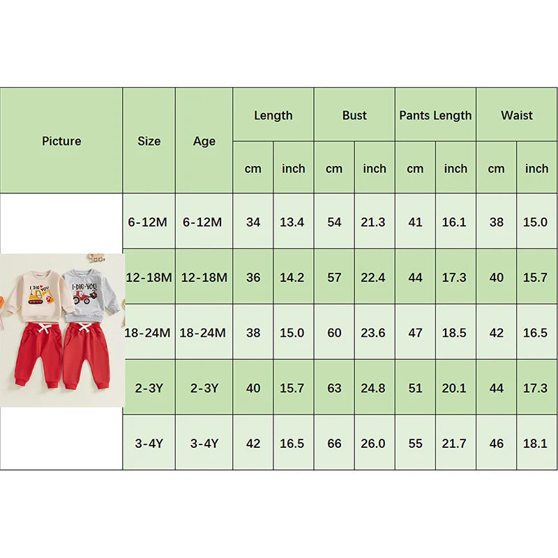 Boy's 2-Piece "I Dig You" Valentine's Excavator Top & Pants Sets