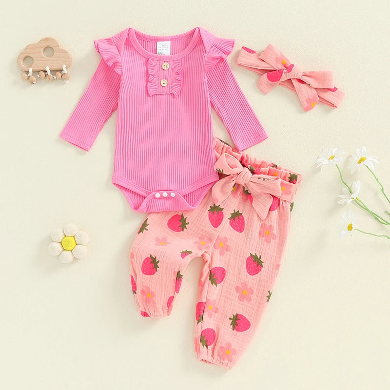 Girl's Floral or Strawberry Print Onesies, Pants & Bow Headband Sets