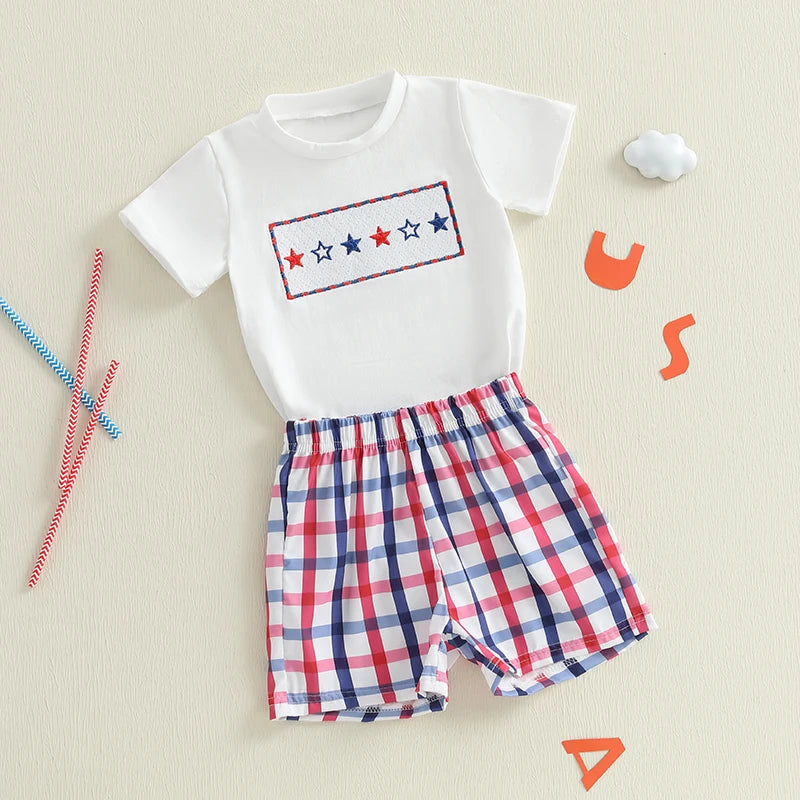 Boy's 2-Piece Embroidered 4th of July T-Shirts & Plaid Shorts Sets