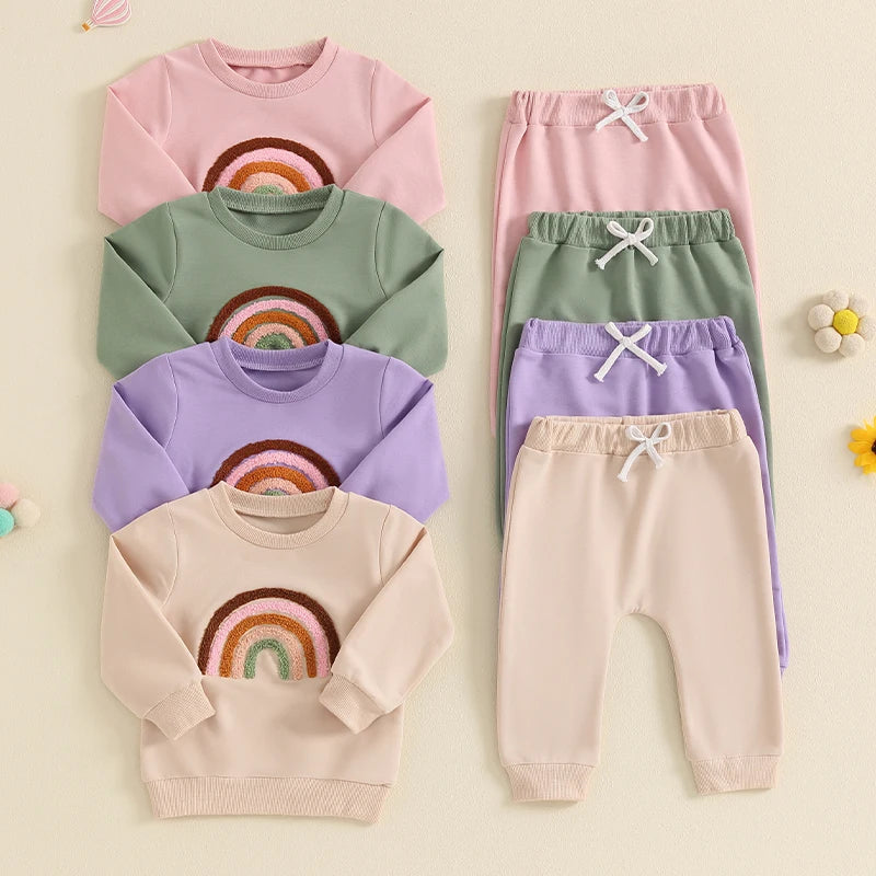 Girl's Embroidered Rainbow Sweatshirt & Pants Sets