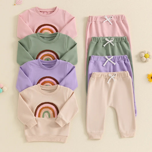 Girl's Embroidered Rainbow Sweatshirt & Pants Sets