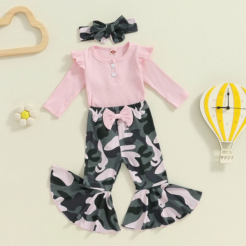 Girl's Ruffled Onesie, Camo Pants & Bow Headband Sets