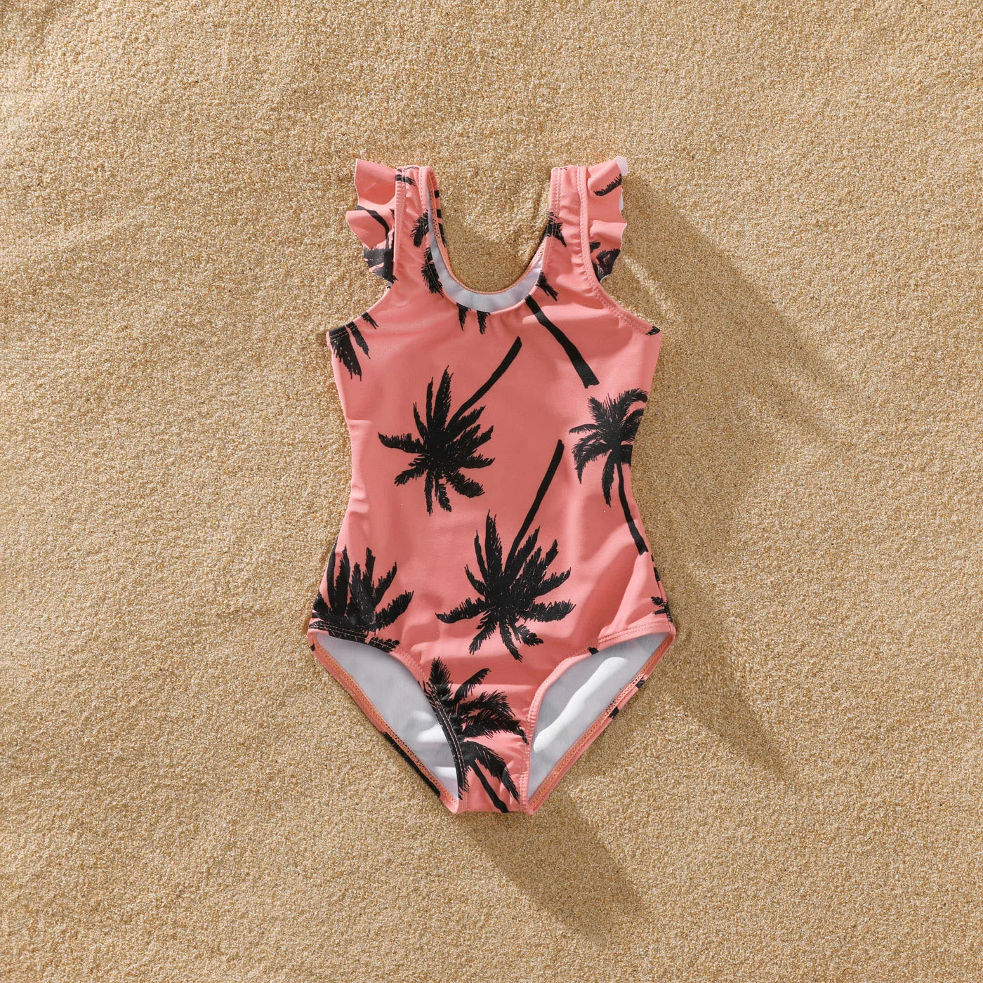 Family Matching! Swimsuit All Over Coconut Tree Print Pink Swim Trunks Shorts & Spaghetti Strap One-Piece Swimsuit