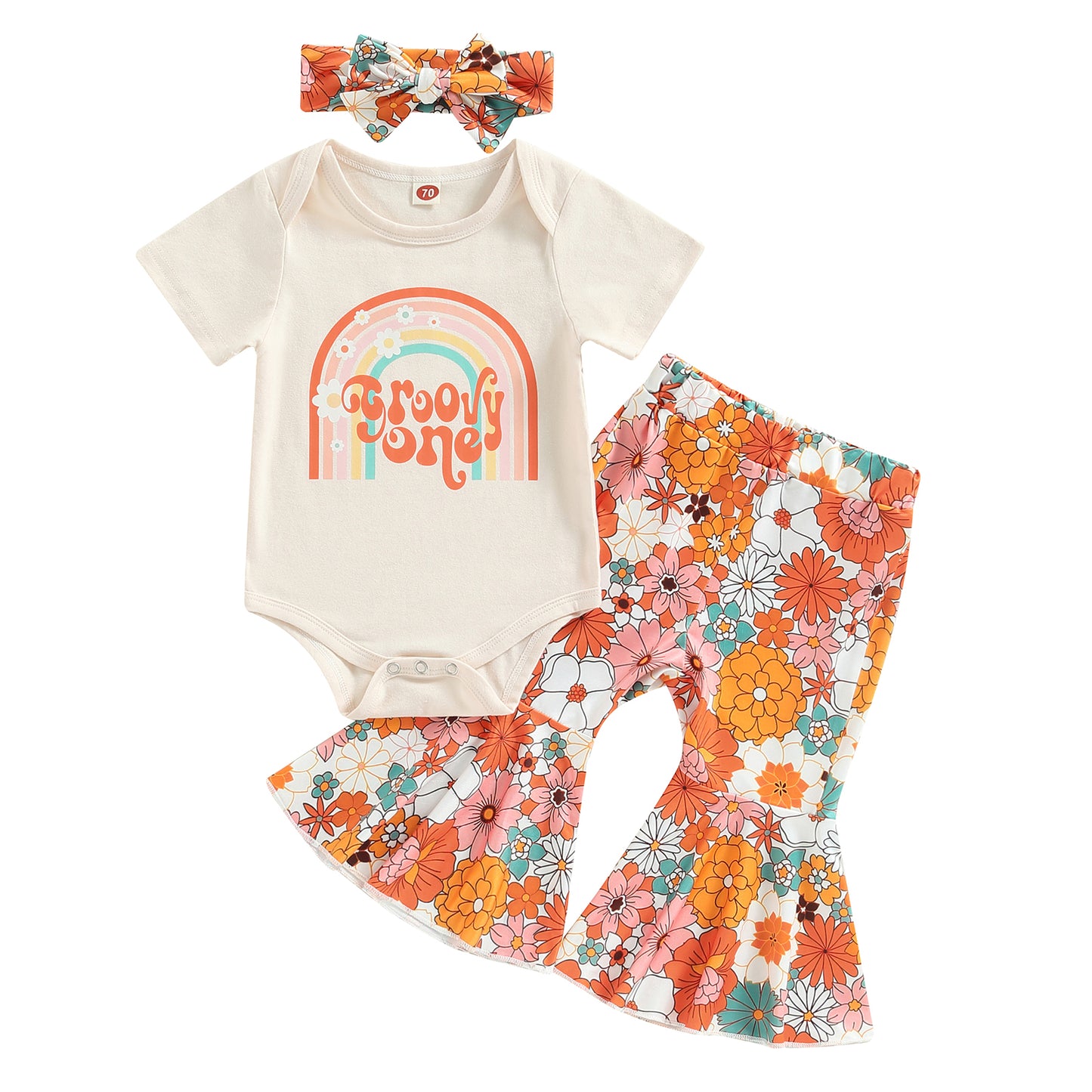 Girl's Floral "Groovie One" Onesie, Flared Pants & Bow Headband Sets