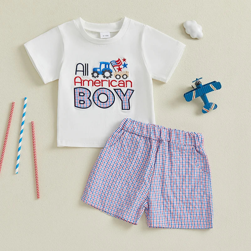 Boy's 2-Piece Embroidered 4th of July T-Shirts & Plaid Shorts Sets
