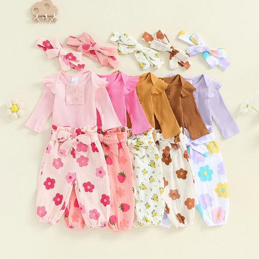 Girl's Floral or Strawberry Print Onesies, Pants & Bow Headband Sets