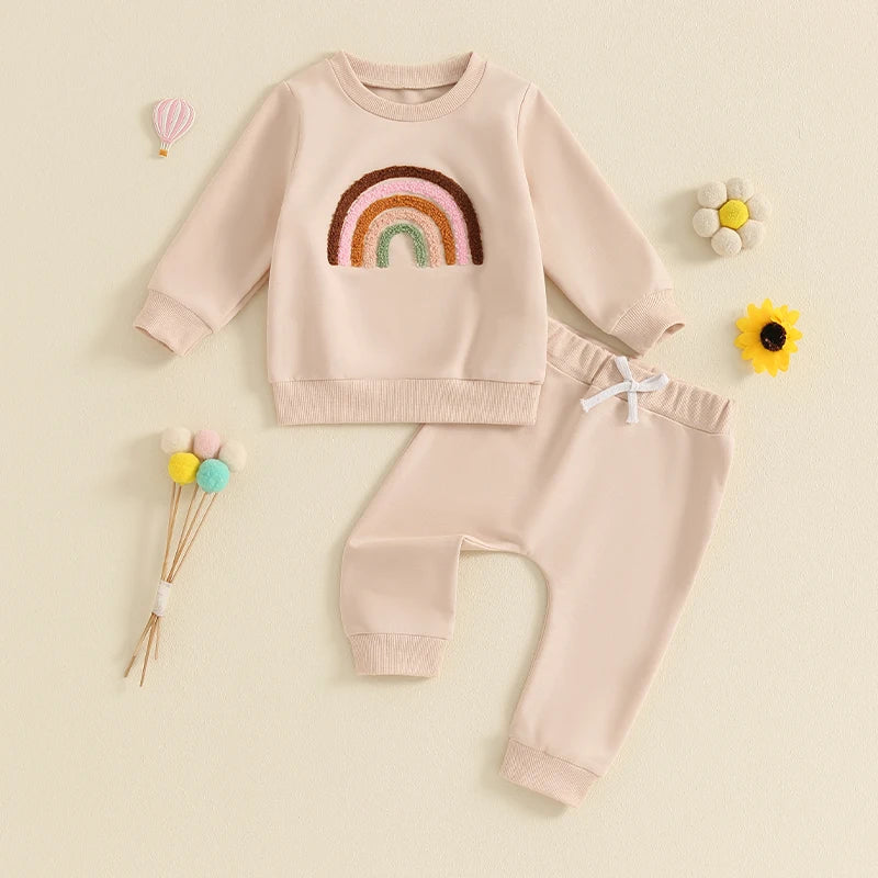 Girl's Embroidered Rainbow Sweatshirt & Pants Sets