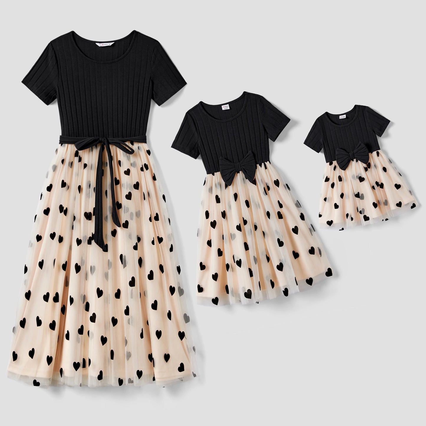 Mommy & Me! Matching Black Top Spliced Heart Mesh Dresses