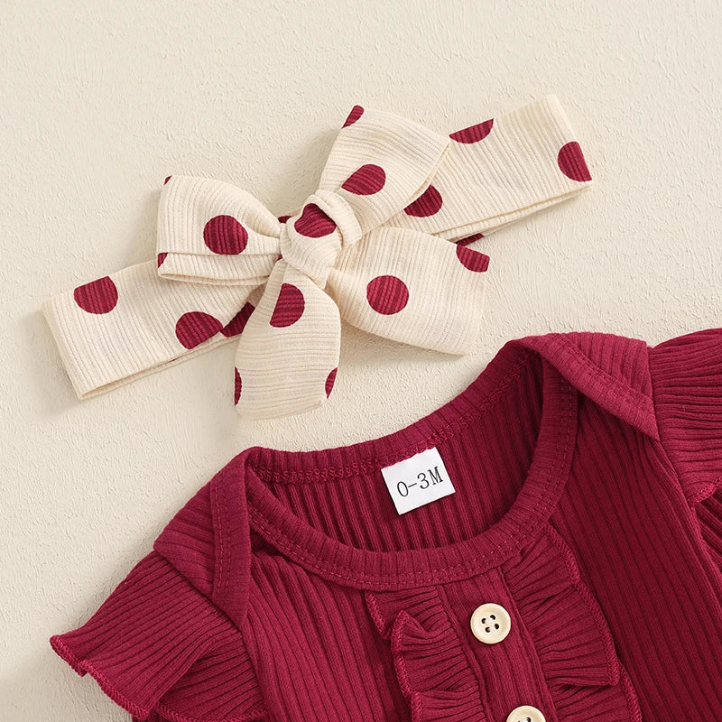 Girl's Onesie, Polka Dot Pants & Bow Headband Sets