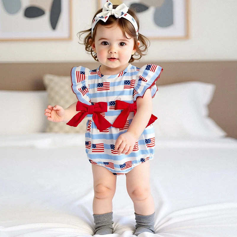 Girl's American Flag 4th of July Doll Collar Bowed Rompers