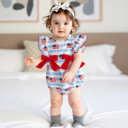 Girl's American Flag 4th of July Doll Collar Bowed Rompers