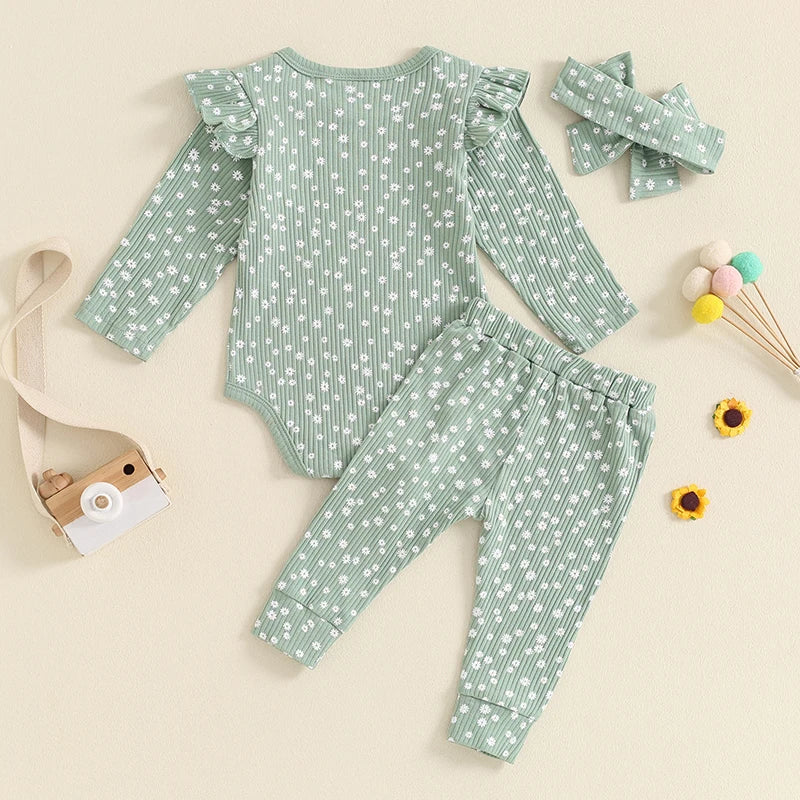 Girl's Floral Onesie, Pants & Bow Headband Sets