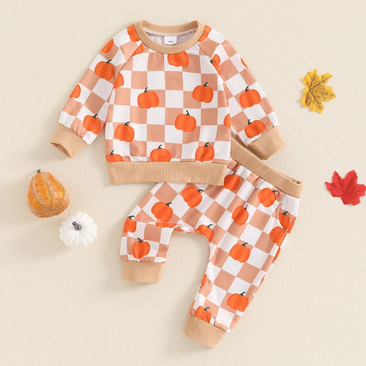 Girl's & Boy's 2-Piece Checkerboard Pumpkin Sweatshirt & Sweatpants Sets