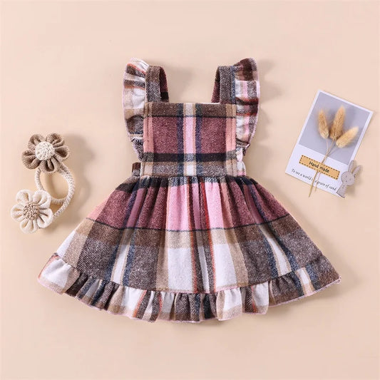 Girl's Plaid Ruffled Bib Overall Dresses