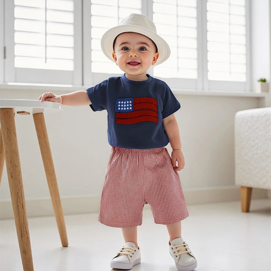 Boy's 2-Piece 4th of July Embroidered Flag T-Shirts & Plaid Shorts Sets