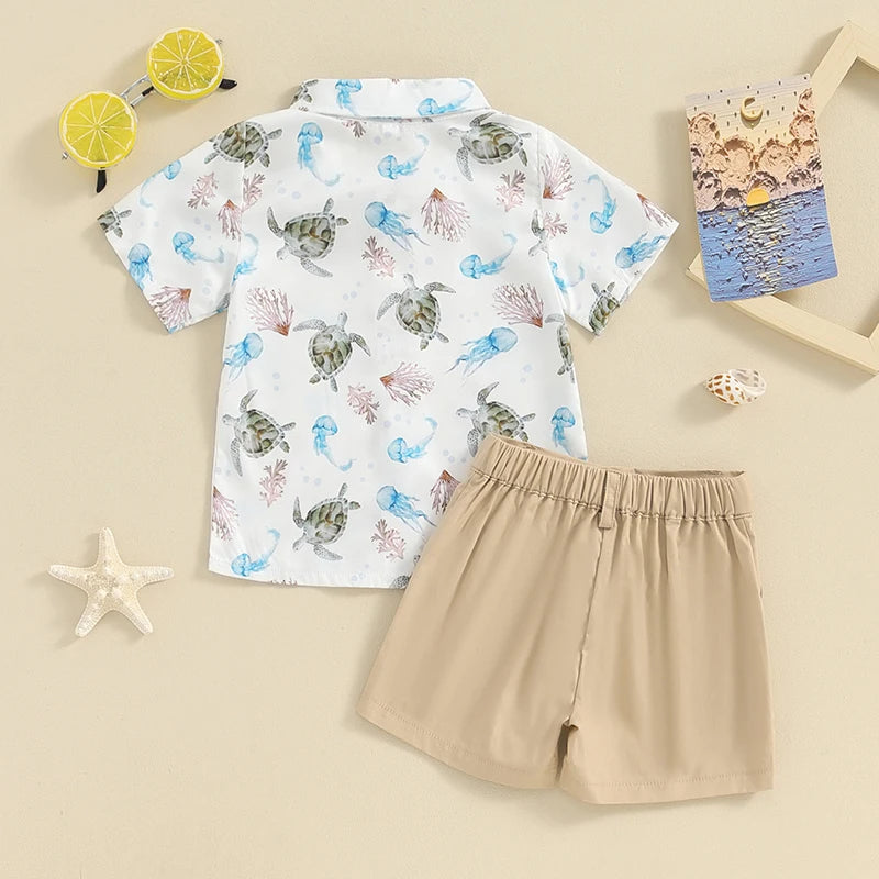 Boy's 2-Piece Rabbit & Ocean Button-Up Bow-Tie Shirts & Shorts Sets