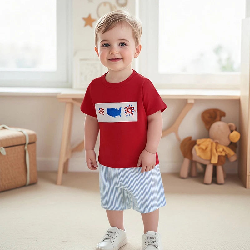 Boy's 2-Piece Embroidered 4th of July T-Shirts & Striped Shorts Sets