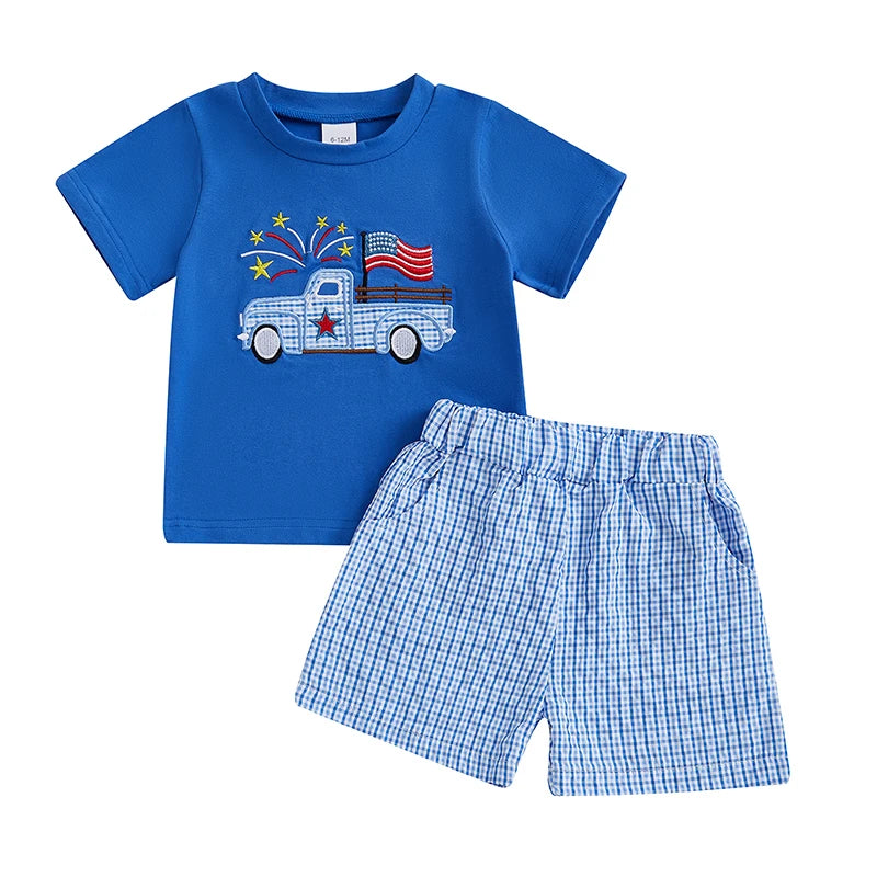 Boy's 2-Piece Embroidered 4th of July T-Shirts & Plaid Shorts Sets