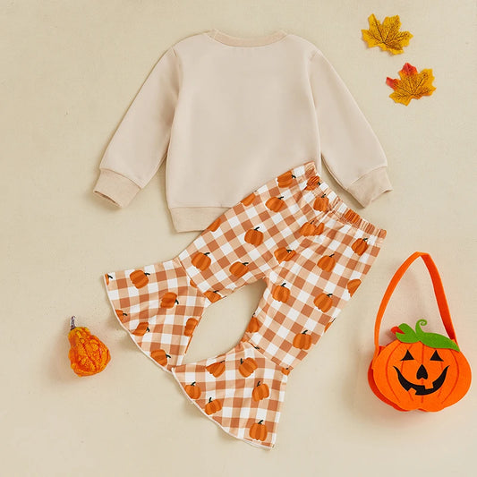 Girl's Halloween 2-Piece Embroidered "Pumpkin" Sweatshirt & Flared Plaid Pants Sets