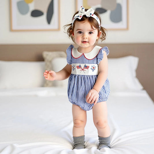 Girl's Embroidered 4th of July Plaid Doll Collar Rompers