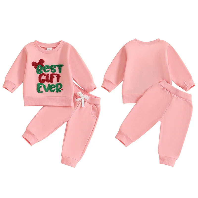 Girl's 2-Piece Christmas Embroidered "Best Gift Ever" Sweatshirt & Pants Sets