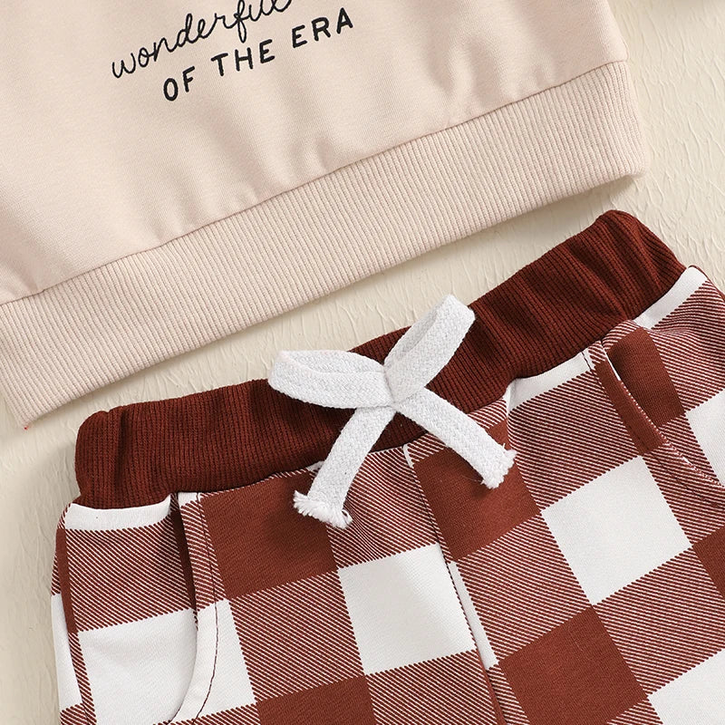 Boy's 2-Piece Christmas Dinosaur "It's the Most Wonderful Time of the Era" Sweatshirt & Plaid Pants Sets
