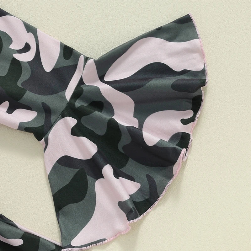 Girl's Ruffled Onesie, Camo Pants & Bow Headband Sets