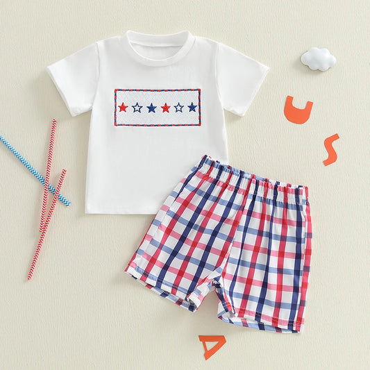 Boy's 2-Piece Embroidered 4th of July T-Shirts & Plaid Shorts Sets