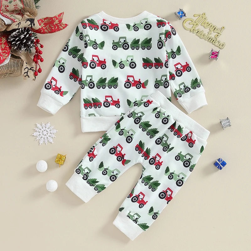 Boy's 2-Piece Christmas Tractor & Christmas Trees Sweatshirt & Pants Sets