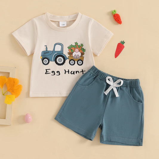 Boy's Easter Eggs/Bunny/Carrot/Tractor T-Shirt & Shorts Sets