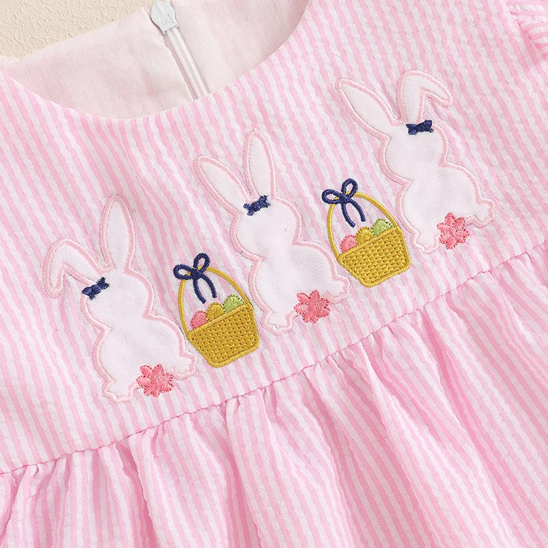 Girl's Dress Ruffle Sleeveless Round Neck Bunny Embroidered Loose Dress Vacation Dress