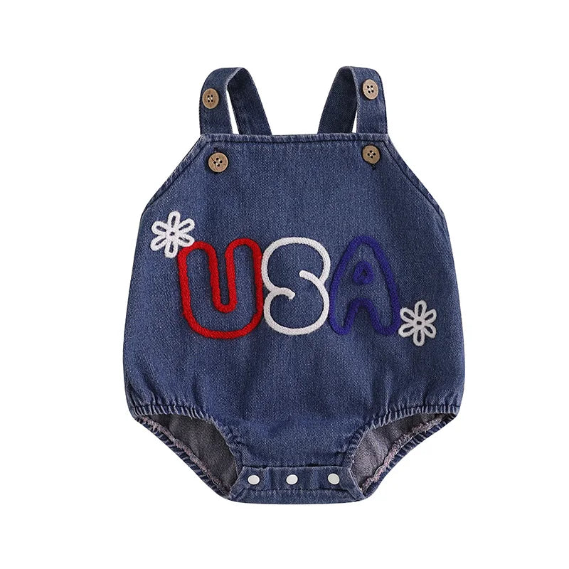 Girl's Embroidered USA 4th of July Overall Rompers
